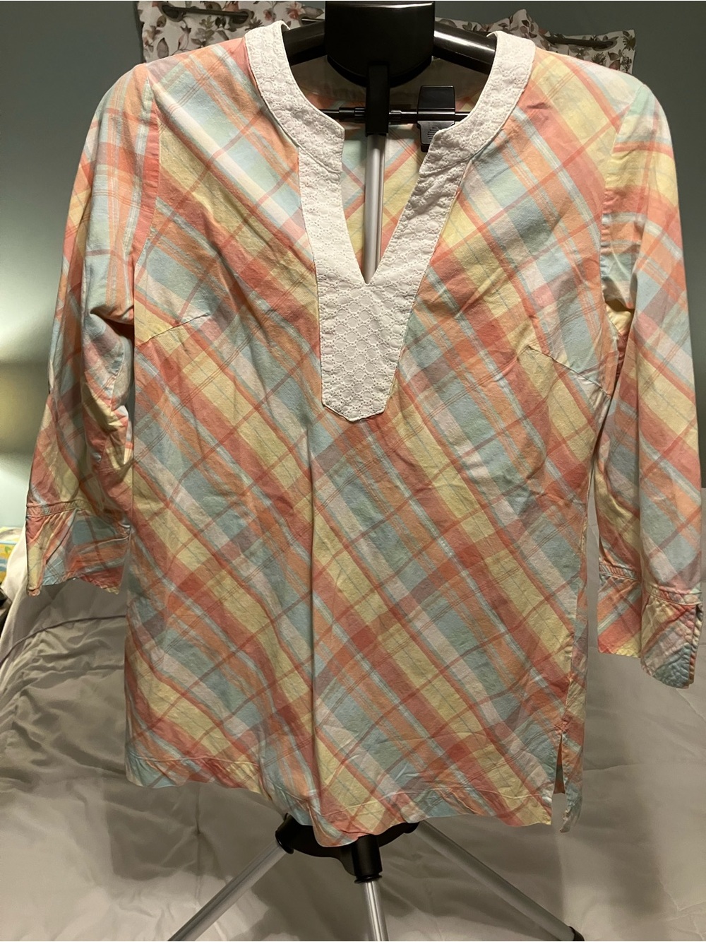 L.L.Bean Pastel Plaid Eyelet Lace Tunic Blouse Women M Cottagecore